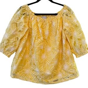 SWEET RAIN Women’s Off The Shoulder Peasant Top Blouse XL Yellow & White Floral